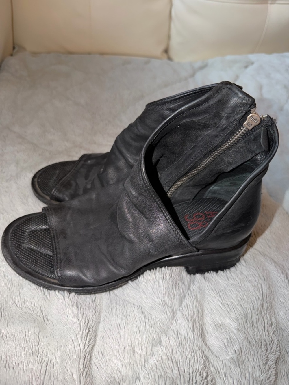 A.S.98 Black Leather Peep-Toe Zip Ankle Booties